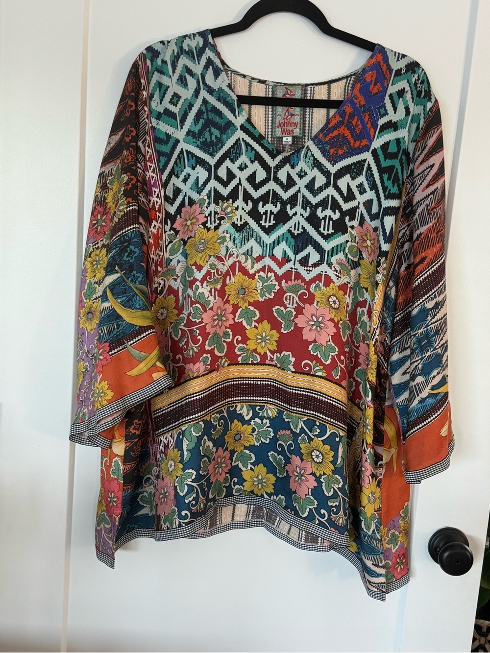 Johnny Was Multicolor Embroidered Neckline Top - Teal & Red Accents - Picture 3 of 3